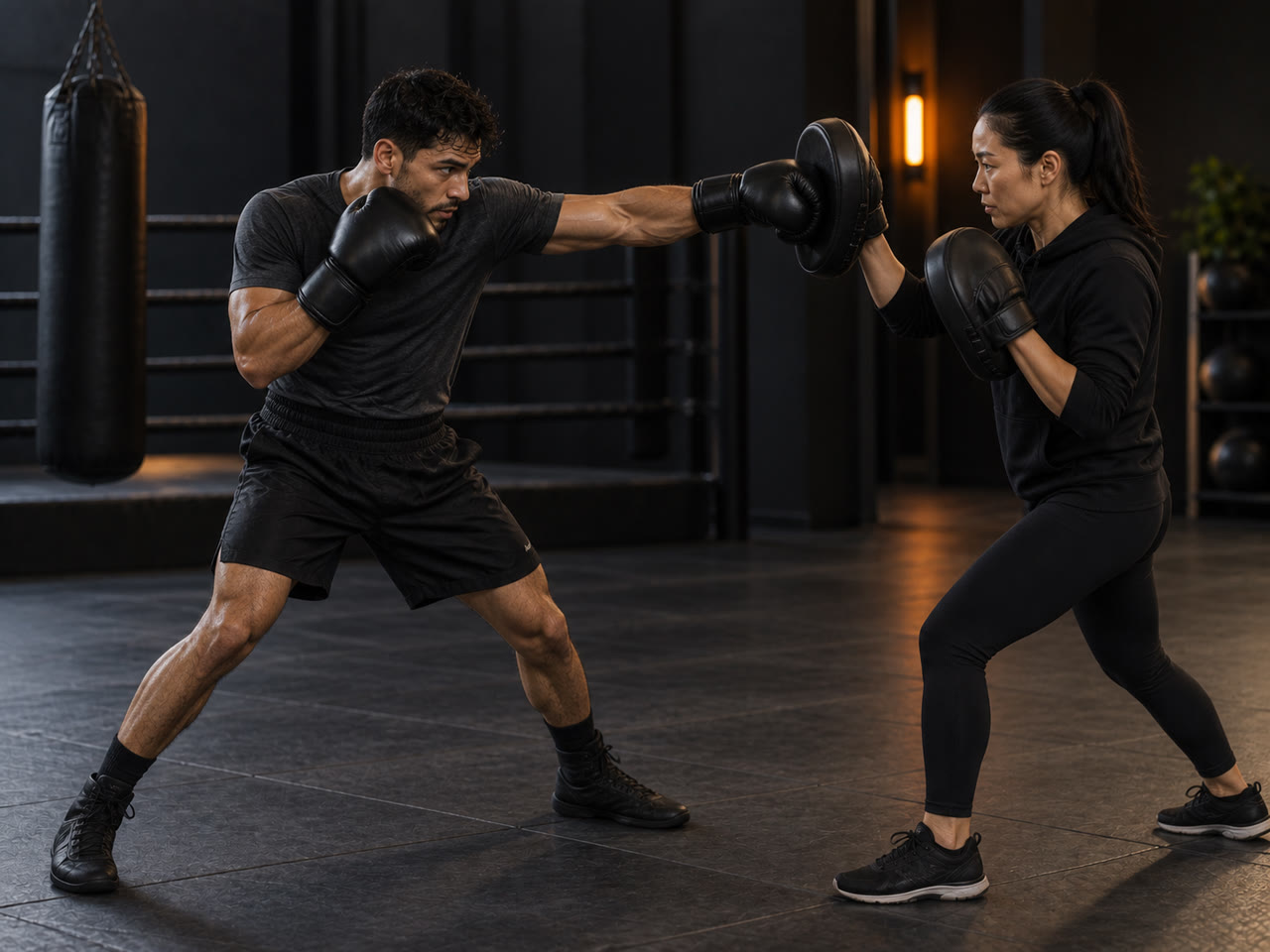 Boxeadores treinando em uma academia